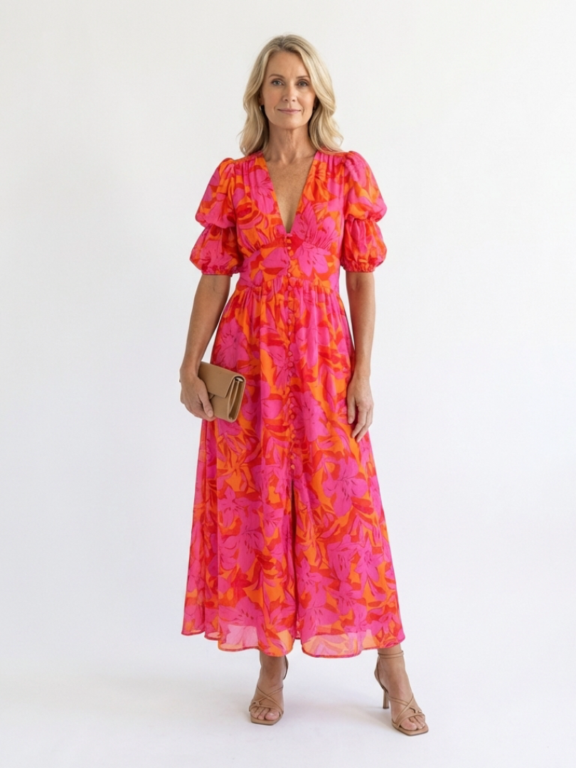 Samantha | Floral V Neck Puff Sleeve Midi Dress