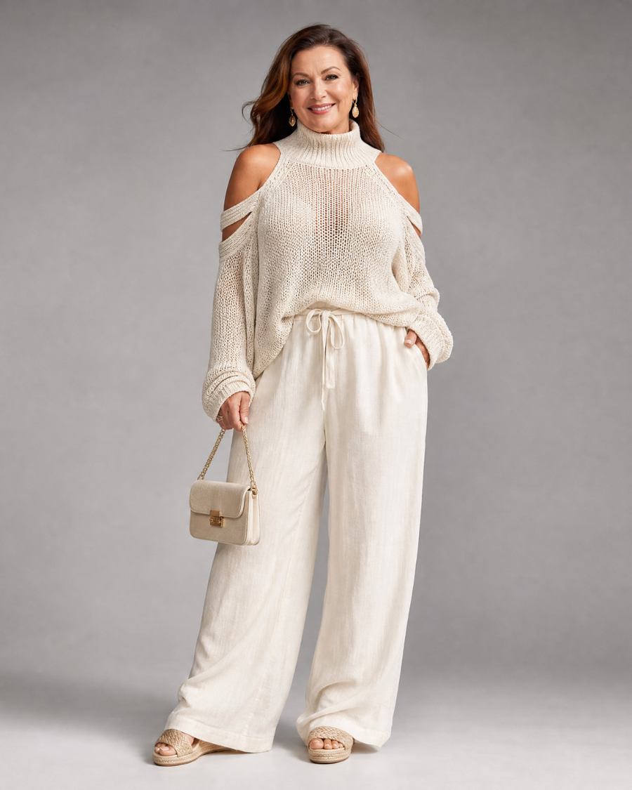 Elamen | Cold Shoulder Knit Sweater Wide Leg Pants Set