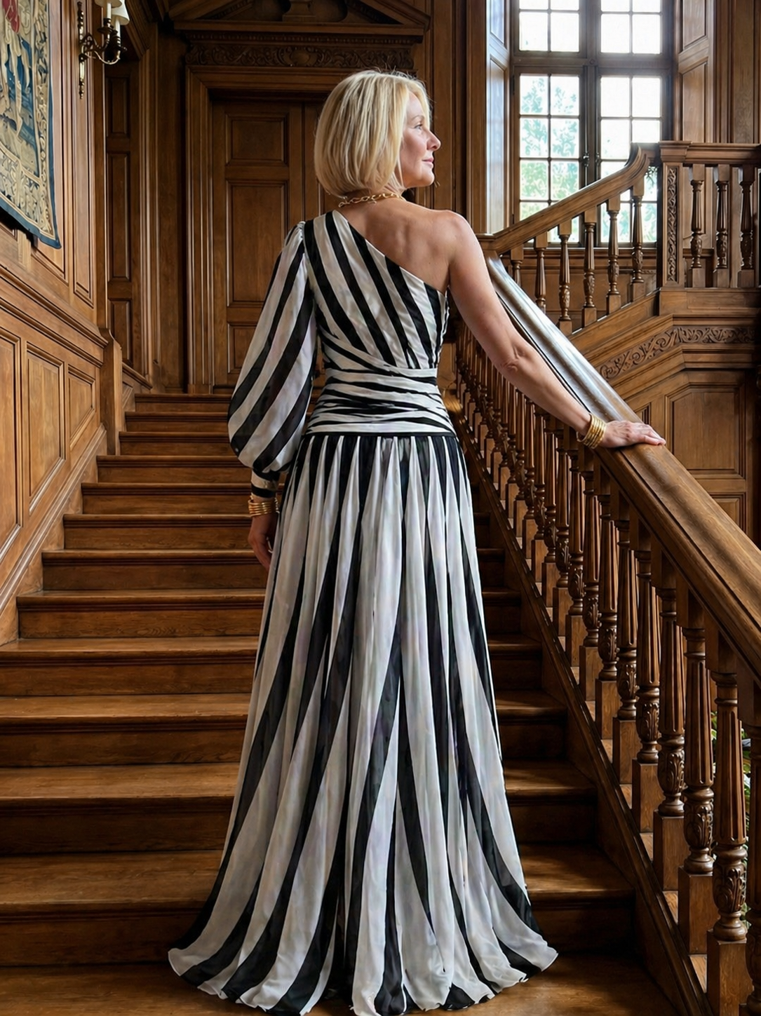 Isabelle | Elegant Striped Maxi Dress with One Shoulder