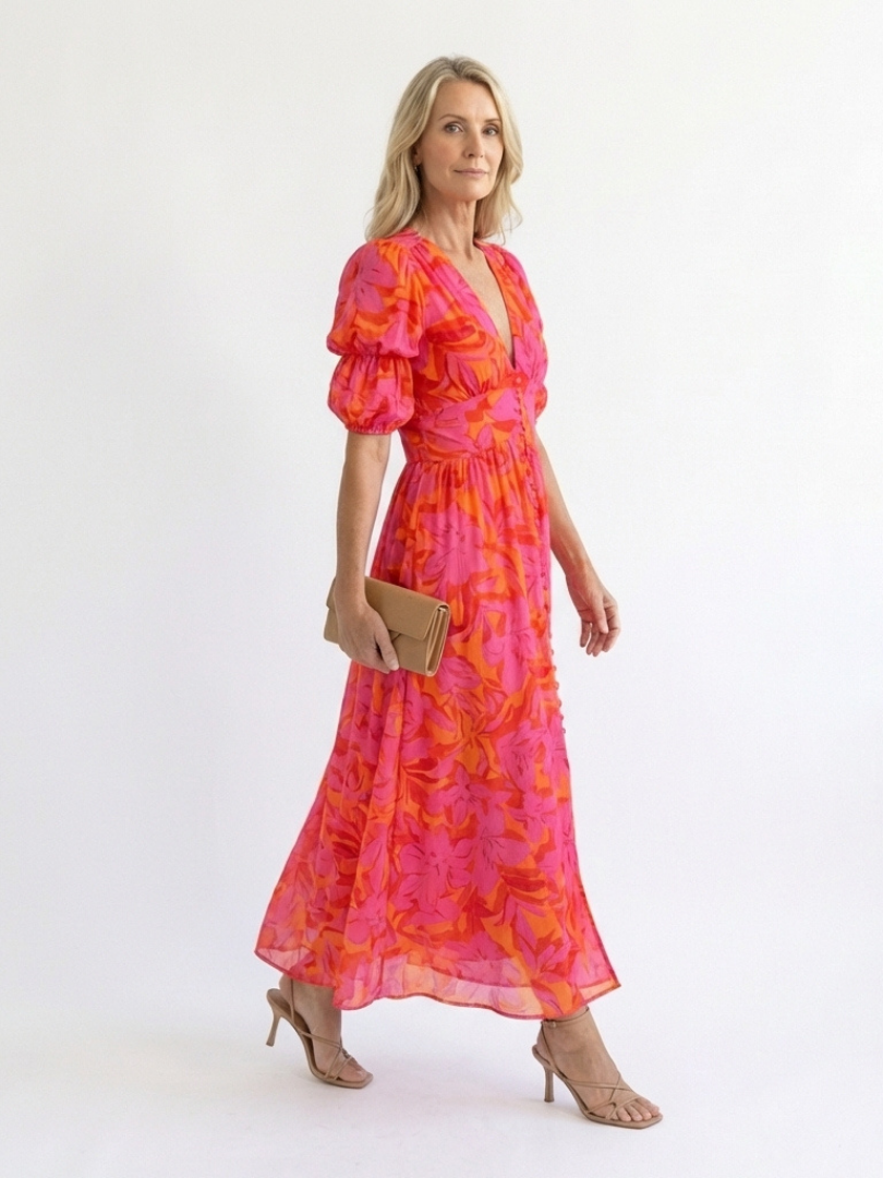 Samantha | Floral V Neck Puff Sleeve Midi Dress