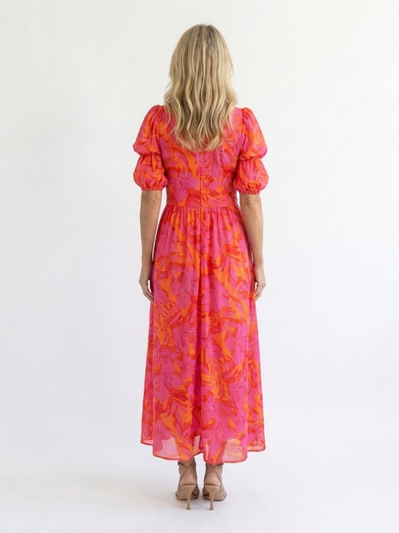 Samantha | Floral V Neck Puff Sleeve Midi Dress
