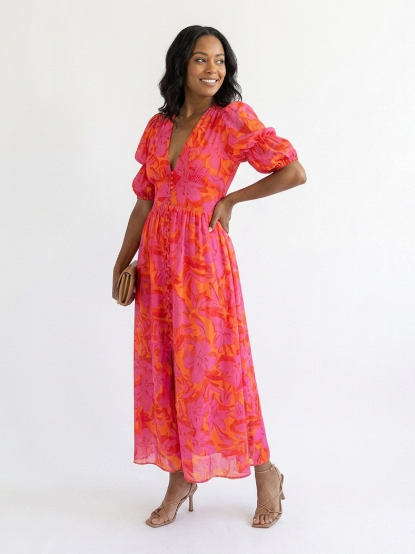 Samantha | Floral V Neck Puff Sleeve Midi Dress