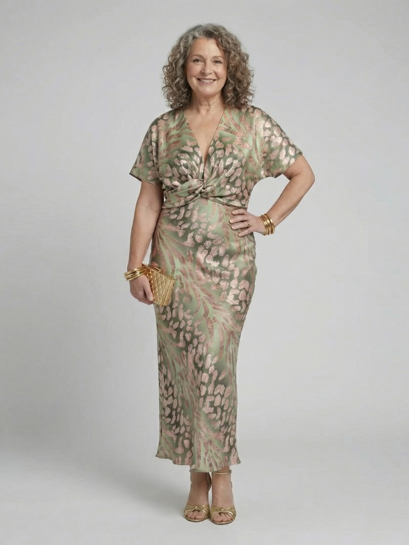 Lynette | Abstract Print V Neck Twist Waist Midi Dress