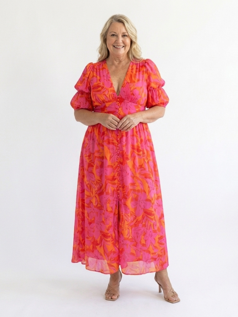 Samantha | Floral V Neck Puff Sleeve Midi Dress