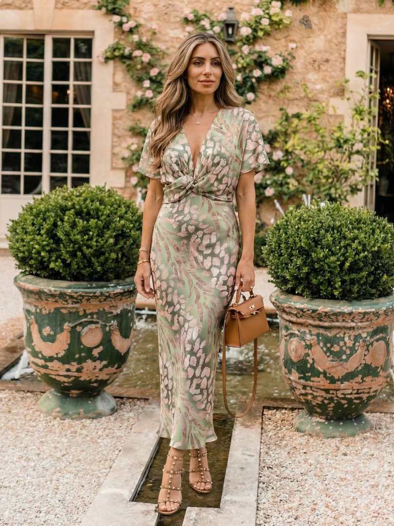 Lynette | Abstract Print V Neck Twist Waist Midi Dress