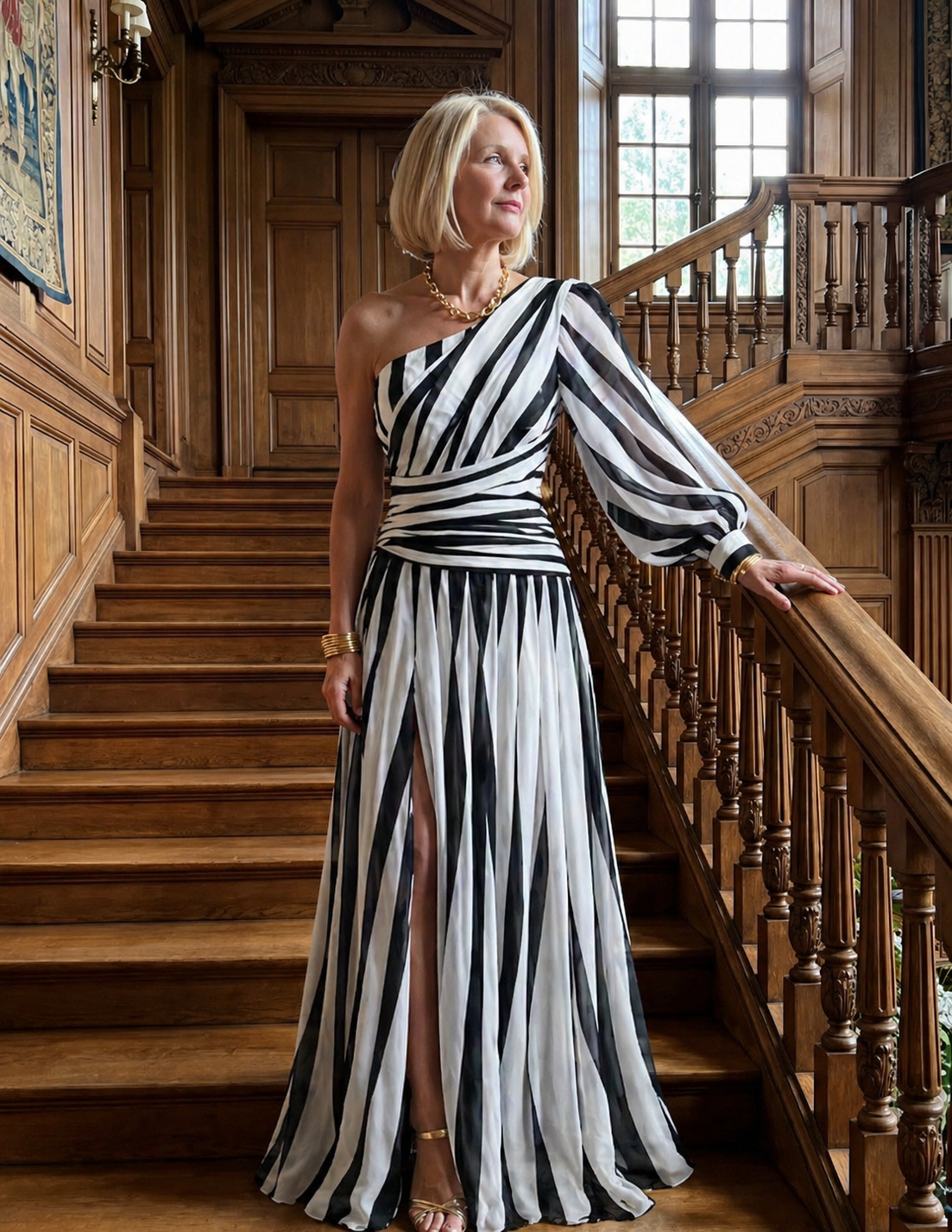Isabelle | Elegant Striped Maxi Dress with One Shoulder