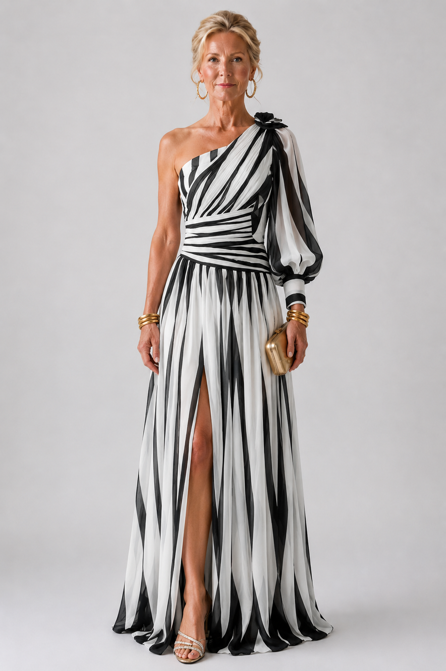 Isabelle | Elegant Striped Maxi Dress with One Shoulder