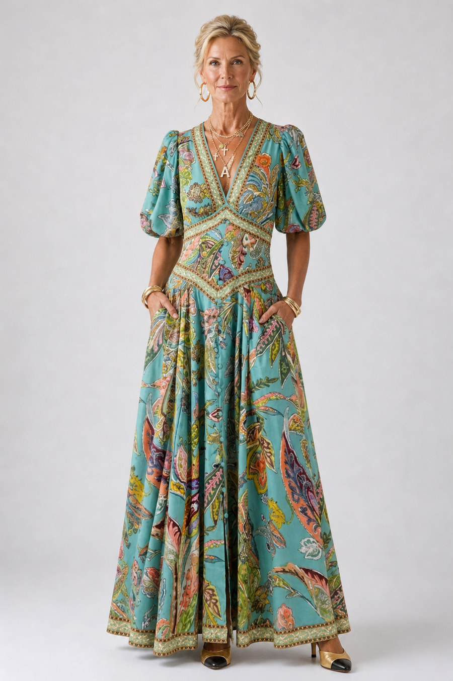 Margot | Airy maxi dress with puff sleeves and V-neck