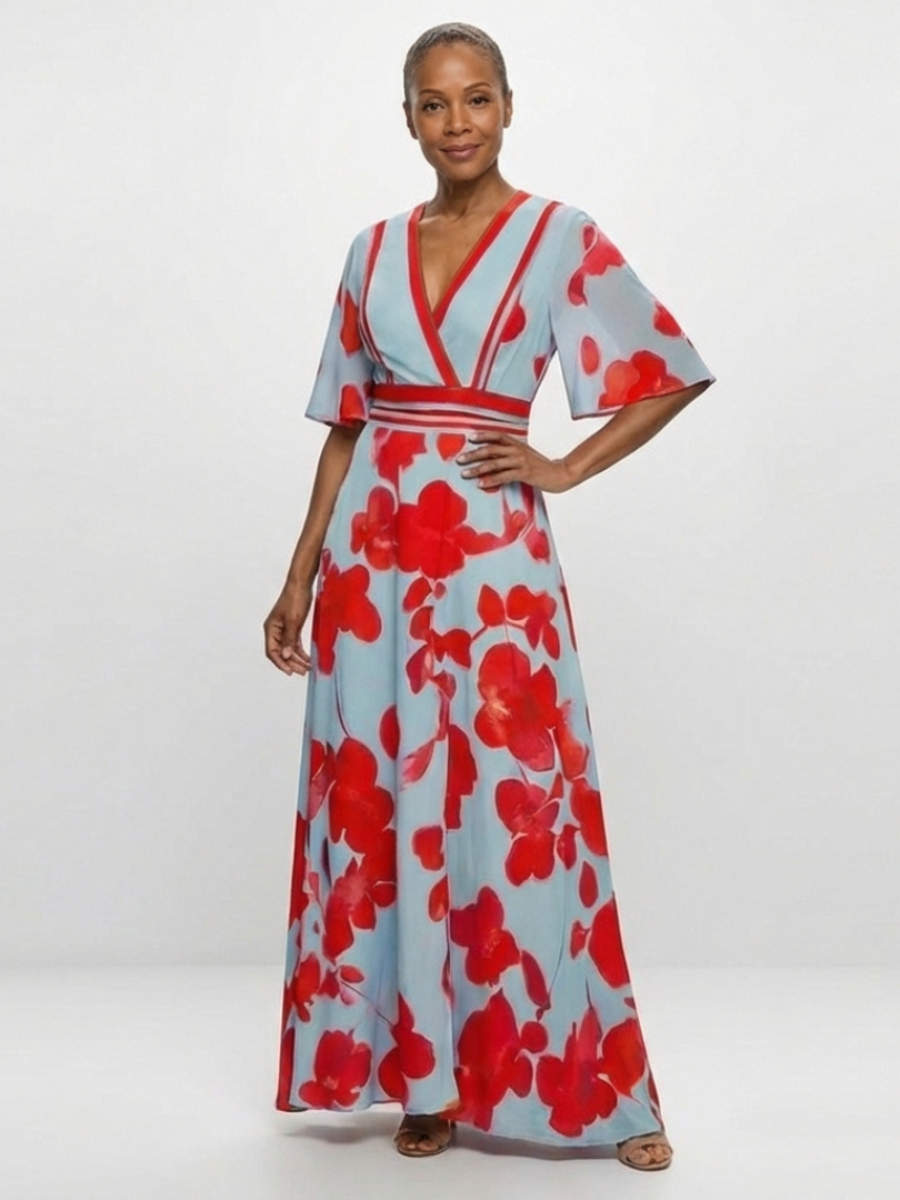 Christine | V Neck Short Sleeve Floral Maxi Dress