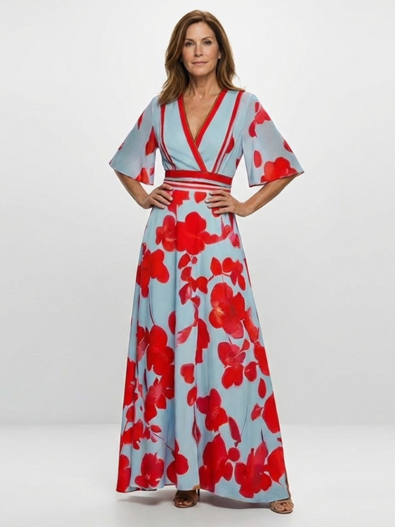 Christine | V Neck Short Sleeve Floral Maxi Dress