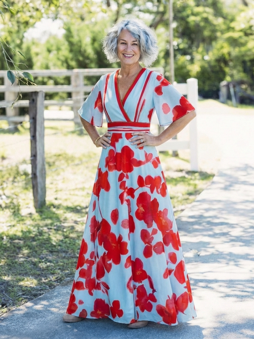 Christine | V Neck Short Sleeve Floral Maxi Dress